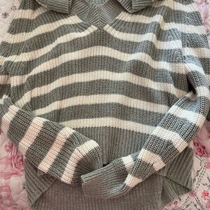 a new day Gray and White Striped v-neck Sweater